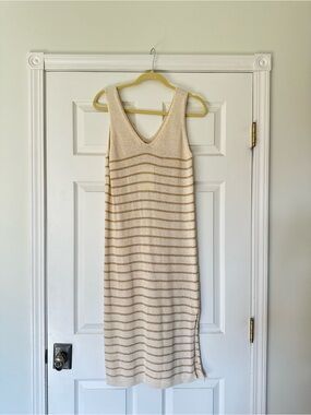 Italian Knit Striped Midi Dress in Cream and Gold